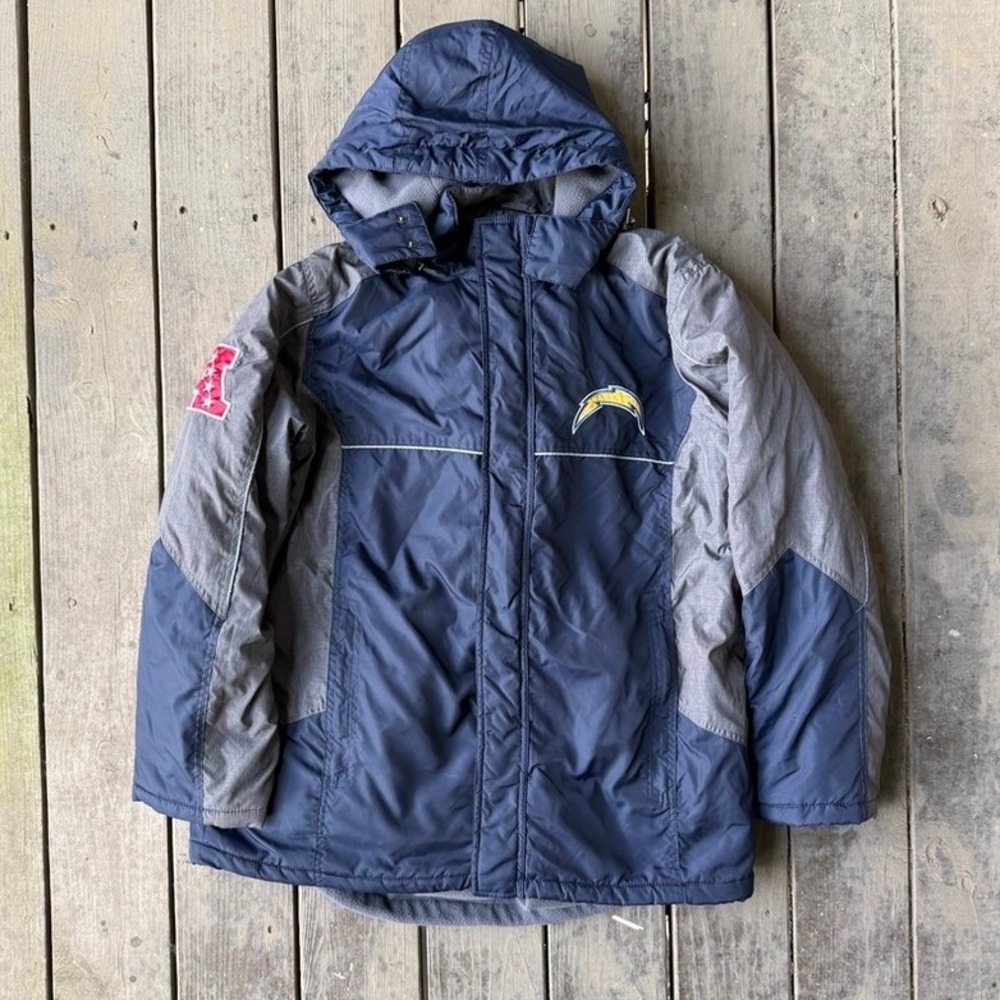 NFL San Diego Chargers Vintage Hooded Heavy Puffer Jacket Navy Grey Mens Large